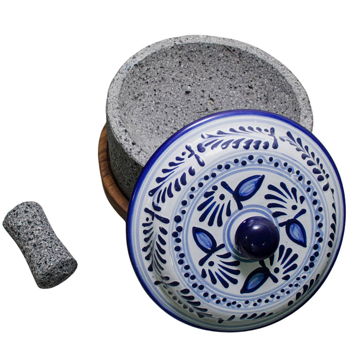 Molcajete Chilmamolli 10 in with wooden base and talavera lid