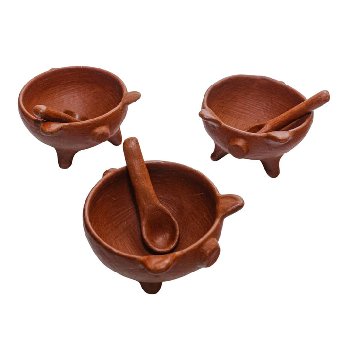 Set of 3 Red Clay Pig Salseros with Spoon