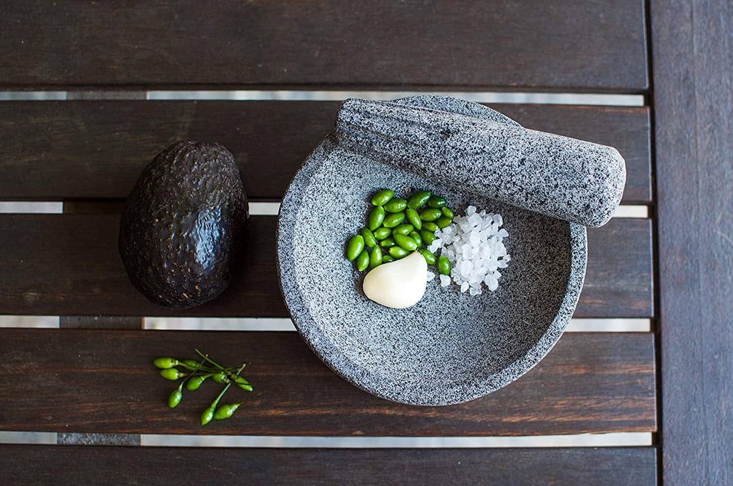 Set of 2 "Machuastik" Molcajete - Volcanic Stone Mortar with Wooden Base - 6.2 Inches