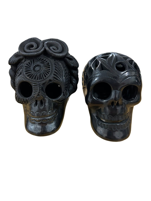 Craft by Order - Black Clay (Barro Negro) 'Calavera' Duo: 'Frida' Catrina & 'Diego' Skull 5.9 Inches