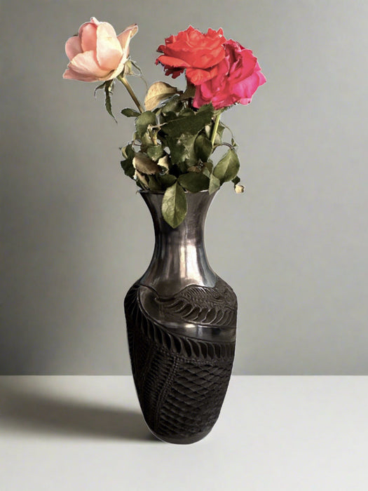 Craft by order Beautiful Black Clay Flower Pot , Florero Decorative Pot handmade in Oaxaca, barro negro 11 x 5.5 in - CEMCUI