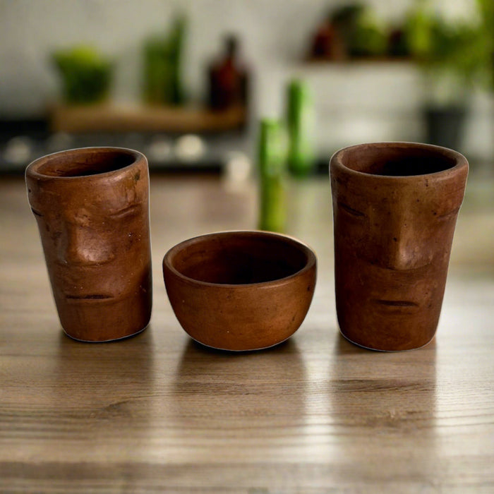 Craft by Order Beautiful set 2 clay mezcalero or tequilero shot glass with 1 salero, black clay - CEMCUI