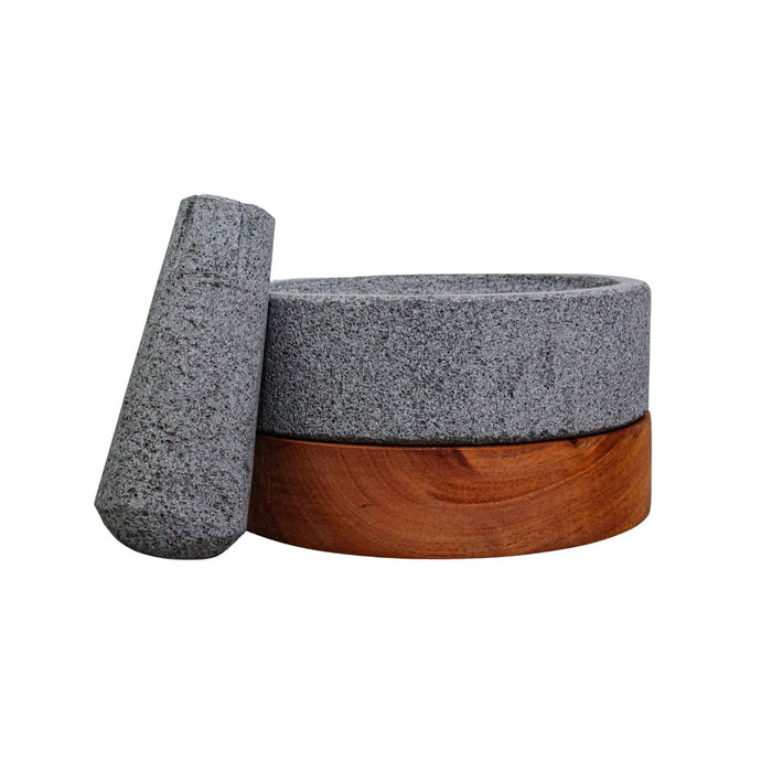 Set of 2 "Machuastik" Molcajete - Volcanic Stone Mortar with Wooden Base - 6.2 Inches