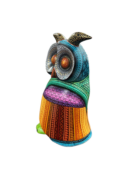 SOLD Artisanal Wooden Owl "Buho" Alebrije Margarito Melchor’s Artisanal Wooden Owl - Unique Piece - Handcrafted and Vibrantly Handpainted, Unique Mexican Folk Art - CEMCUI