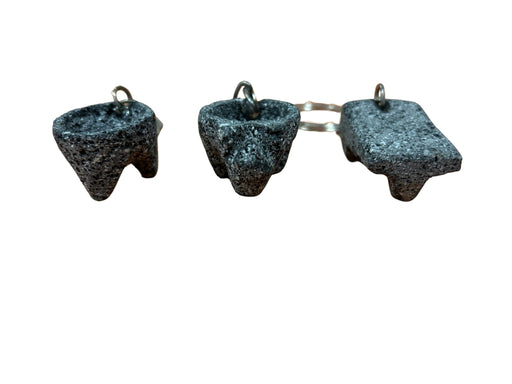3 Handcrafted Volcanic Stone Miniature Set: Molcajetes & Metate Keychains - CEMCUI