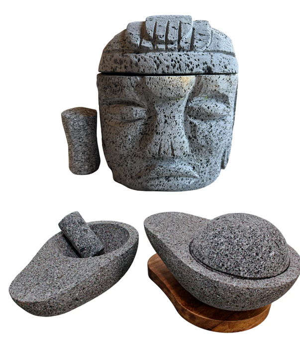 Pre-Hispanic Bundle: Olmeca Head Molcajete 7 Inch and Avocado Shaped Molcajete 11 Inches Hand Crafted