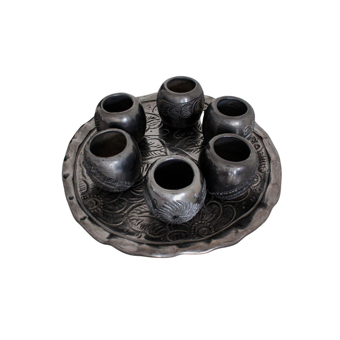 6 Black Clay Shot Glasses with Decorative Tray - CEMCUI