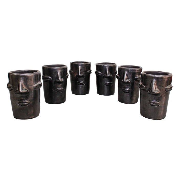 Minimalist set of 6 cups made of black clay with face