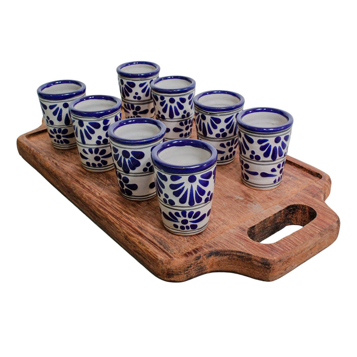 Set of 8 Talavera made Tequila Shots with Wooden Tray 2 Oz each