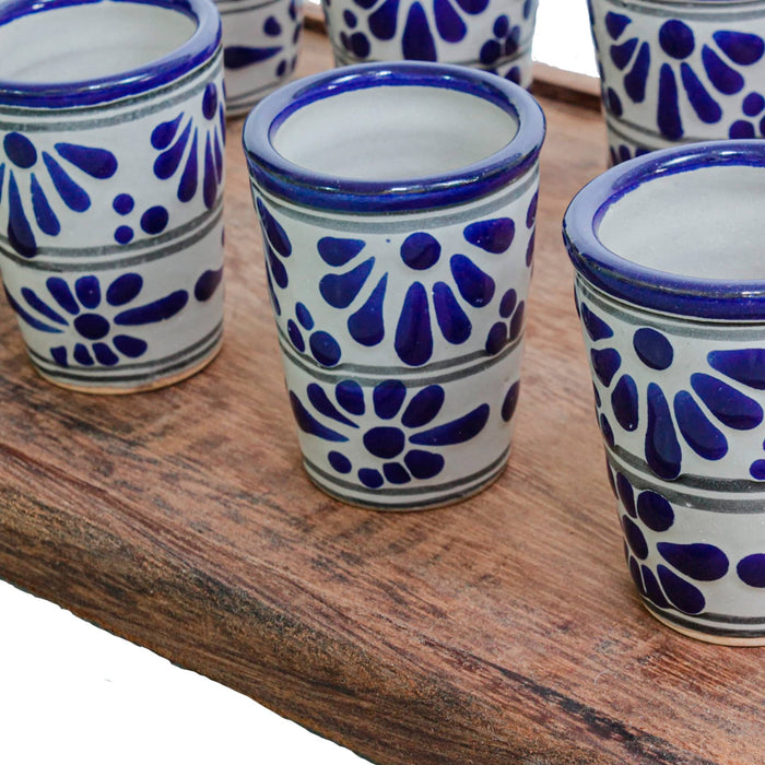 Set of 8 Talavera made Tequila Shots with Wooden Tray 2 Oz each