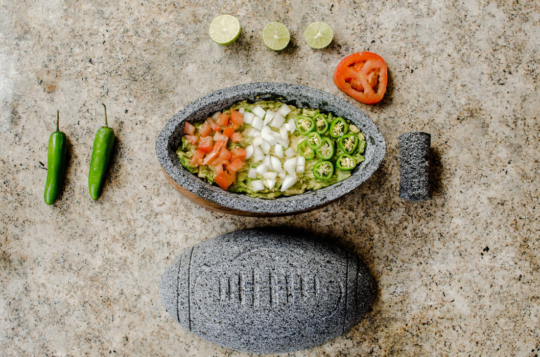 "The Football Volcanic Stone Molcajete" 9 Inches with wooden base 2 in 1