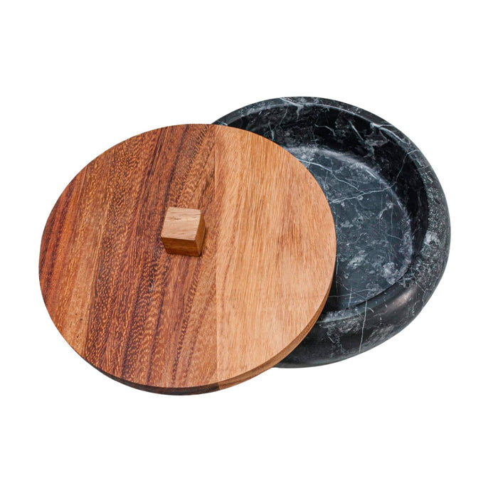 Tortillero made of black marble base and wood lid handmade in Mexico