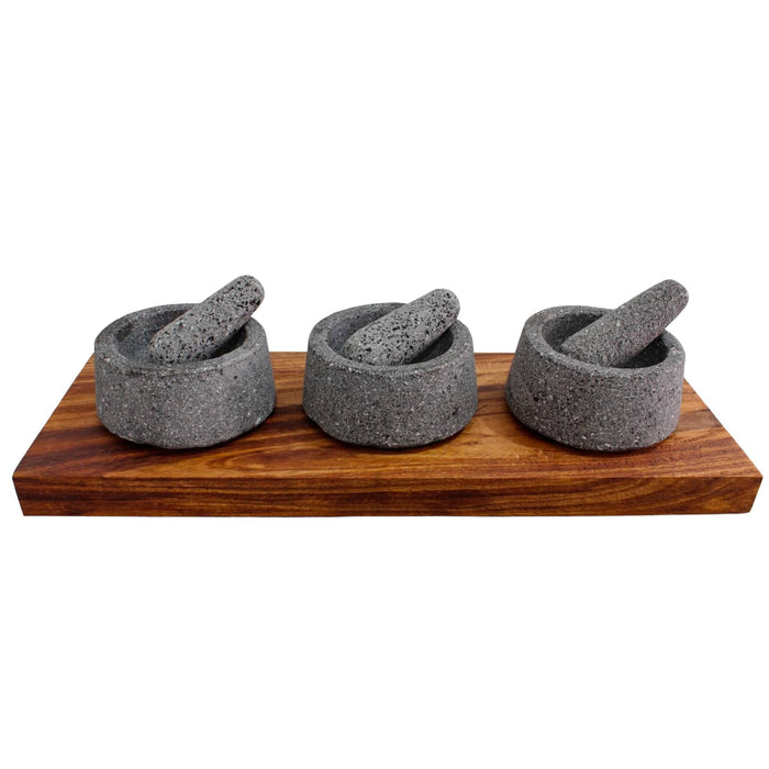 Beautiful Trio Salsa holder Tepetl Volcanic Stone with Wooden Base, Ideal for Table Centerpiece - CEMCUI