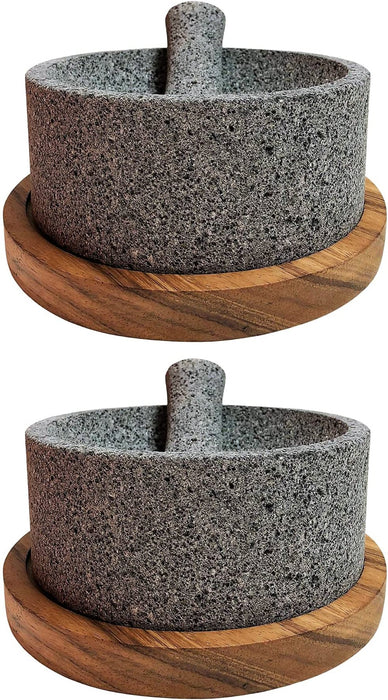 Bundle of 2 Mexican Volcanic Stone Molcajete "Chilmamolli" King 8 Inches With Wooden Base - CEMCUI