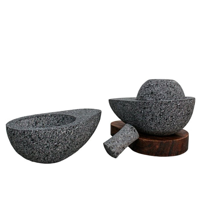 Bundle of Volcanic Stone Molcajete Aguacate 4 Inches and Tequileros of volcanic stone with wooden Base - CEMCUI