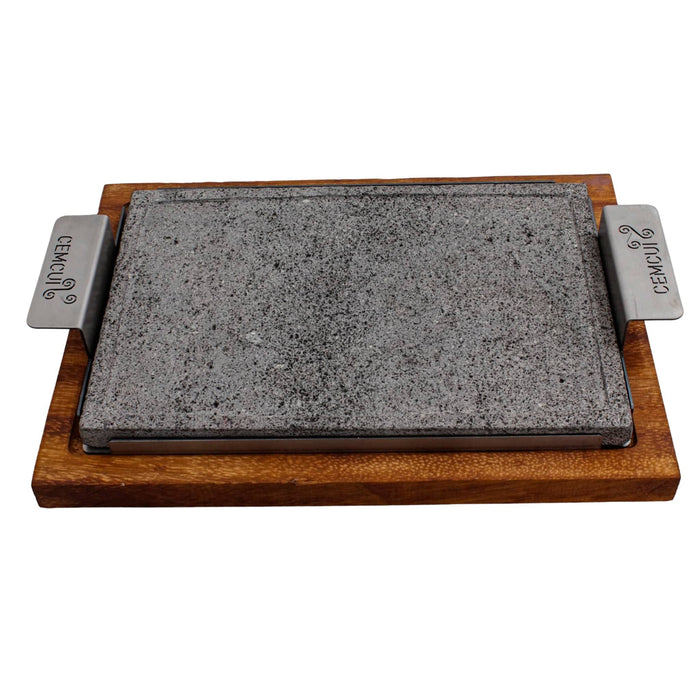 Comal Grill and Serve - 7.9 x 11.8 Inches Volcanic Stone with Stainless Steel Handle Includes Wooden Base - CEMCUI