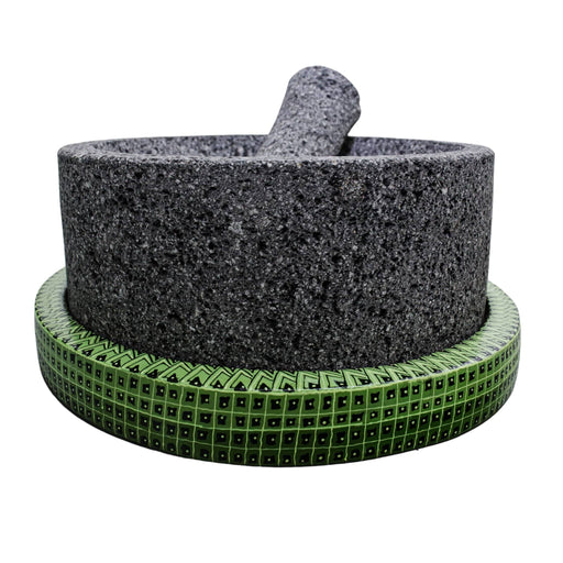 Craft by Order - Chilmamolli 8 Inch Molcajete with Green Alebrije hand made painted base - Special Edition - CEMCUI