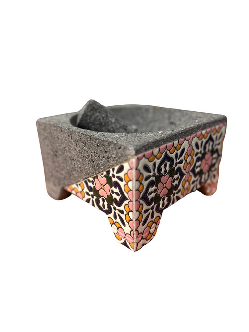 Craft by Order: Volcanic Stone Molcajete Maravilloso: Authentic Mexican Molcajete with Exquisite Talavera Detailing – 8 Inches - CEMCUI