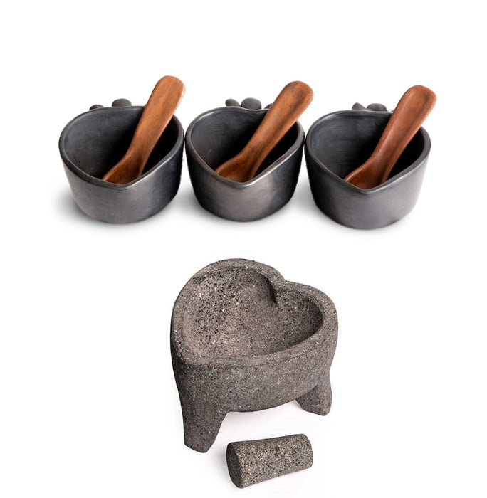 Heart Shaped Black Clay 3 Salseras and Molcajete 8 Inch - CEMCUI