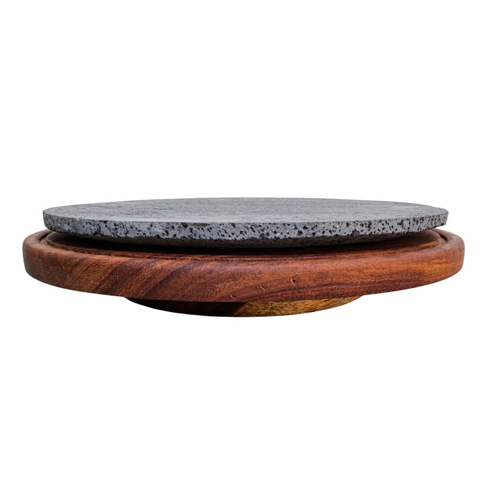 Lazy Susan of 14 in made of volcanic stone comal and parota wood - CEMCUI