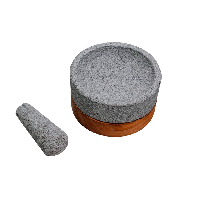Molcajete "Machuastik" Volcanic Stone with Wooden Base  6.2 inches