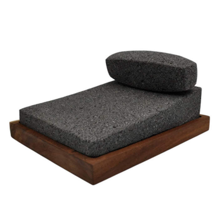 Metate with wooden base 10 x 7 Inches