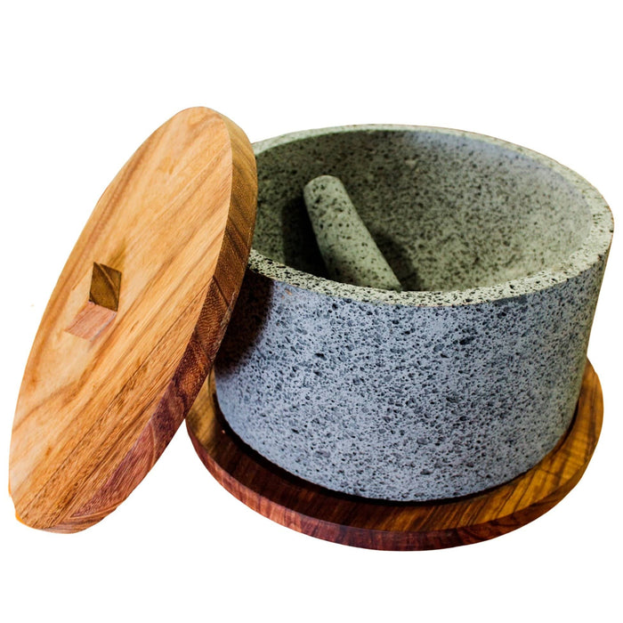 Mexican Big Volcanic Stone Molcajete 15 inches made of volcanic stone Chilmamolli With Wood Lid - CEMCUI