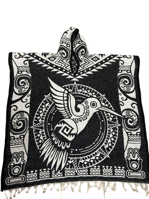 Mexican Traditional Poncho with Ajolote & Colibri Motifs - Artisanal Wool Blend - 40x43 Inches - CEMCUI
