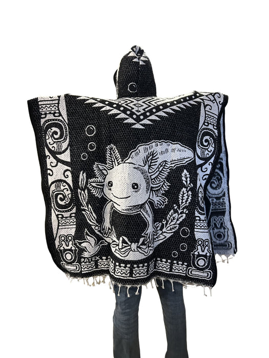 Mexican Traditional Poncho with Ajolote & Colibri Motifs - Artisanal Wool Blend - 40x43 Inches - CEMCUI