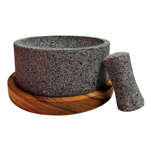 Mexican Volcanic Stone Molcajete "Chilmamolli" King 8 Inches With Wooden Base - CEMCUI