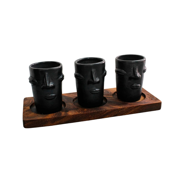 Minimalist Set of 3 Tall Cups Made of Black Clay with Face and Wooden Base - CEMCUI