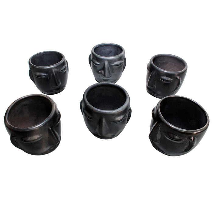 Minimalist set of 6 cups made of black clay with face, barro negro - CEMCUI
