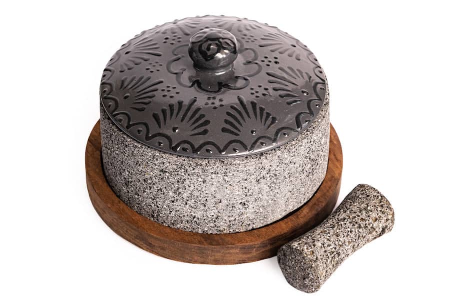 Molcajete Chilmamolli 8 inches with black talavera lid and wooden base