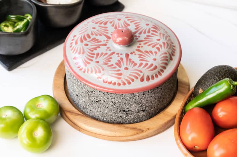 Molcajete Chilmamolli with Pink Talavera Lid and Wooden Base