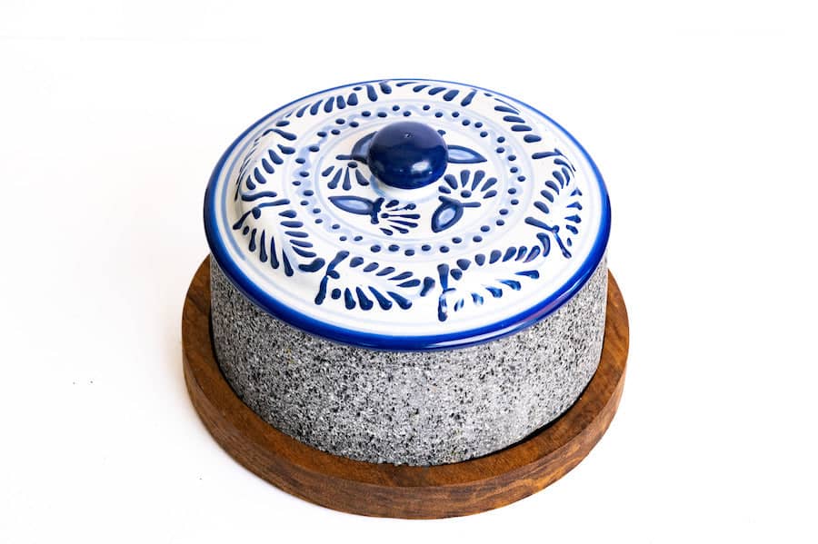 Molcajete Chilmamolli with Talavera Lid and Wooden Base 8 inches