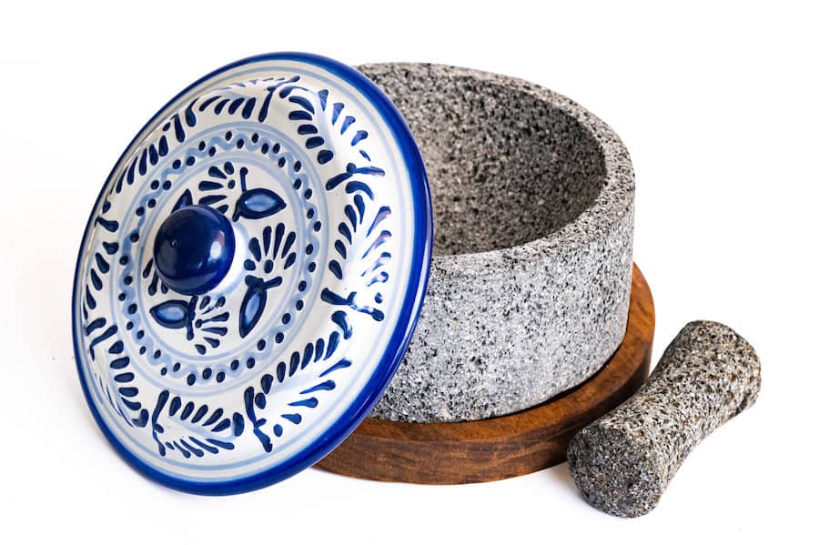 Molcajete Chilmamolli with Talavera Lid and Wooden Base 8 inches