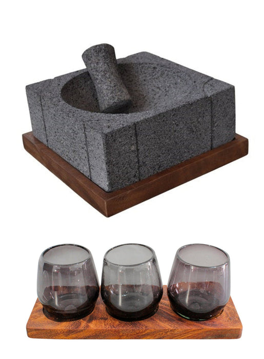 Molcajete Nahui 8 Inch with Wooden Base and Three Blowned Glasses with wodden base