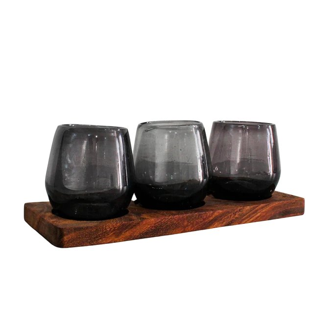 Molcajete Nahui 8 Inch with Wooden Base and Three Blowned Glasses with wodden base