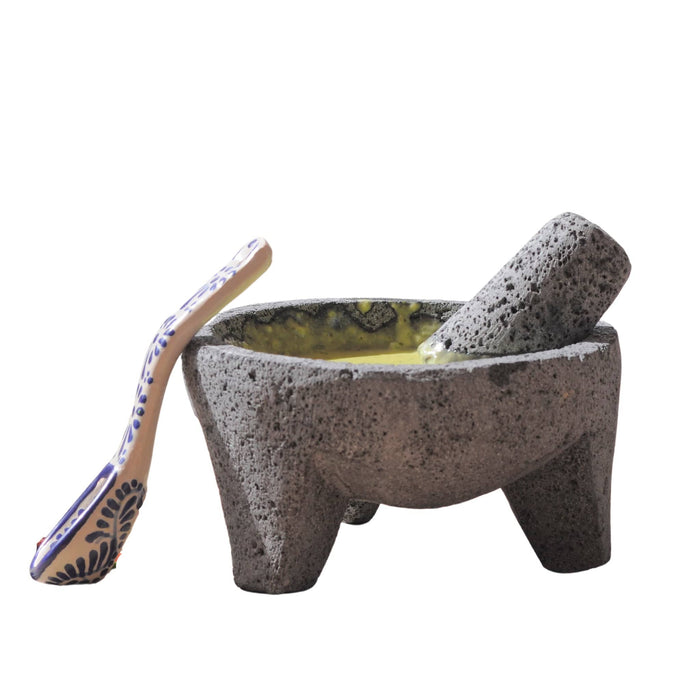 Molcajete Traditional Shape 7.2 inches Volcanic Stone with Talavera Spoon