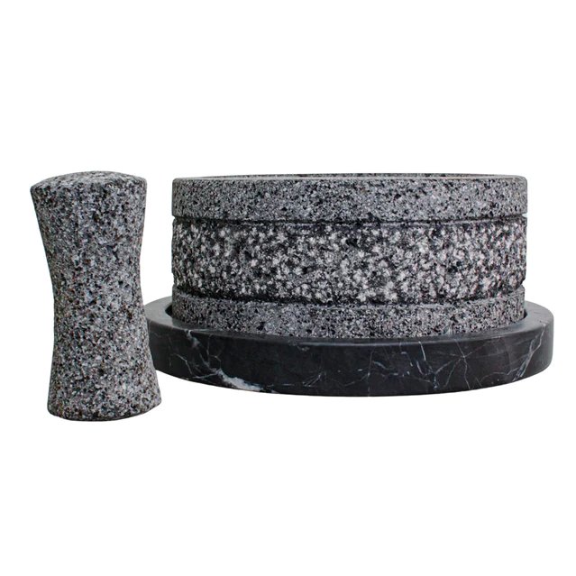 Molcajete Yolia 8 Inch Black Marble and Black Marble Tortillero With Wooden Lid