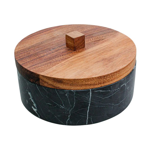 Molcajete Yolia 8 Inch Black Marble and Black Marble Tortillero With Wooden Lid