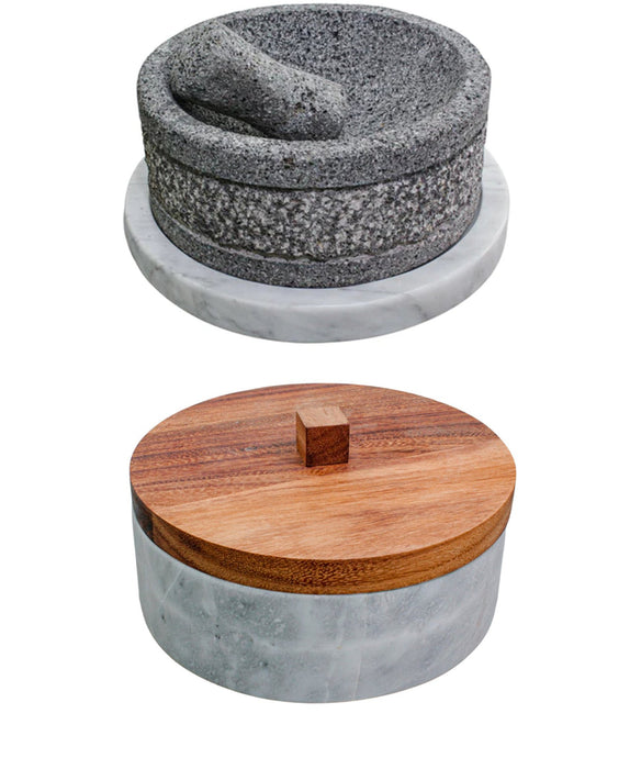 Molcajete Yolia 8 Inch with Marble Base and Marble Tortillero with Wooden Lid