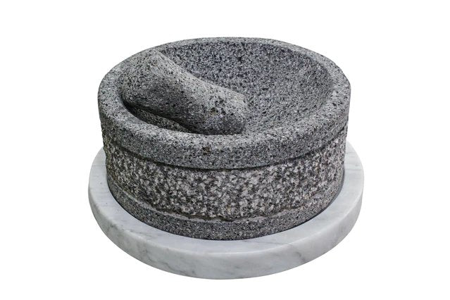 Molcajete Yolia 8 Inch with Marble Base and Marble Tortillero with Wooden Lid