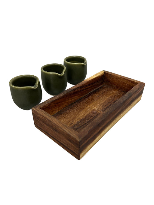 *NEW* Artisanal Trio Green Ceramic Salsero Set with Pouring Spout and Wooden Tray – 2 oz Capacity - CEMCUI