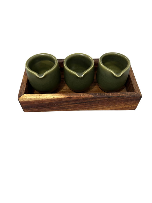 *NEW* Artisanal Trio Green Ceramic Salsero Set with Pouring Spout and Wooden Tray – 2 oz Capacity - CEMCUI