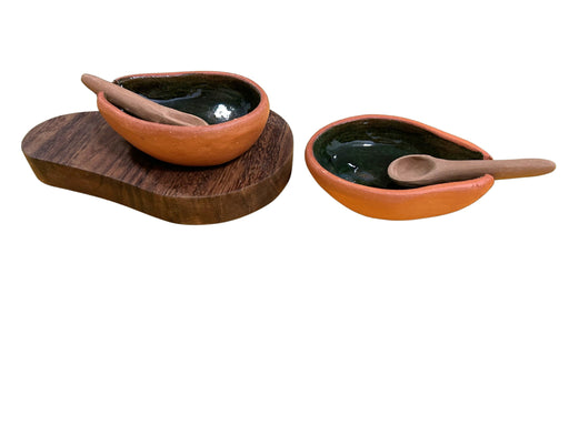 *NEW* Oaxacan Avocado Fiesta Salseros with Wooden Base - Artisanal Ceramic and Wood Salsa Serving Set 🥑🎊 - CEMCUI