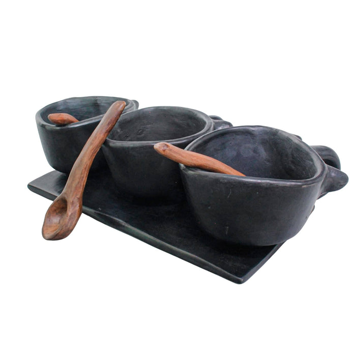 Set of 3 Salseras of Barro Brown Clay with Barro Spoons and Barro Negro Tray 2 weeks for shipping