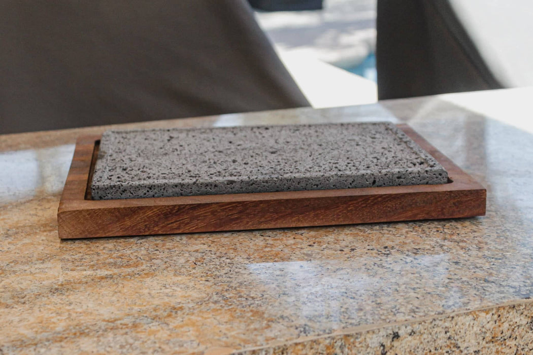 Plancha "Atizar" Volcanic Rock Serving Plate with Wooden Base 9 x 12 Inches