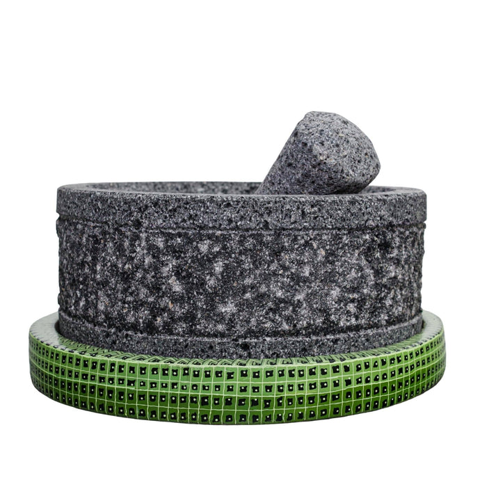 Pre-Order Item: Yolia 8 Inch Molcajete with Green Alebrije hand made painted base - Special Edition