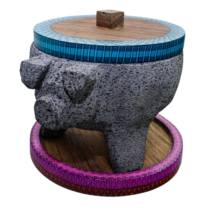 Craft by Order- pig molcajete with alebrije lid and base 8inches